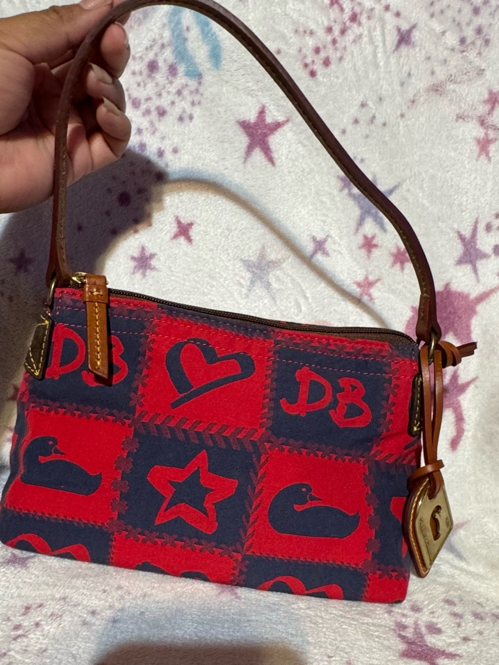 Dooney & Bourke Red and Navy Patchwork Shoulder Bag with Gold Duck Charm